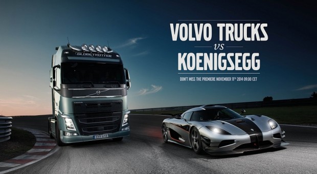 Motor racing personality Tiff Needell challenges a Koenigsegg One:1 in a Volvo Truck