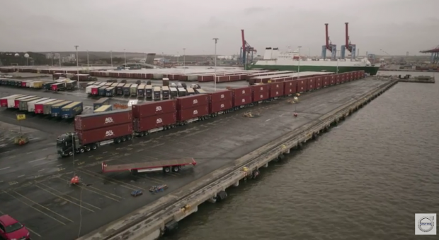 In “Volvo Trucks vs 750 Tonnes” a single truck is connected to a 300-metre long monster road train